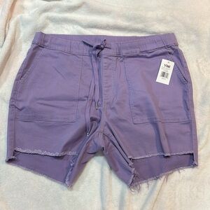 YMI Lavender Cotton Drawstring Waist Frayed High Low Hem Shorts